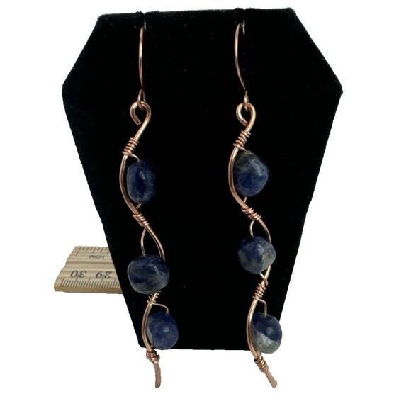 Copper Waves Dangle Earrings  With Blue Soda Lite Beads French Hook Handmade - Picture 1 of 5